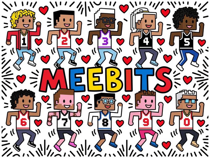 A colorful Keith Haring-inspired illustration featuring ten cartoon characters in athletic jerseys numbered 1-0, dancing around the bold text "MEEBITS," visually reinforcing the post's claim that Meebits are art. The vibrant, pop-art style celebrates the NFT collection as a creative and expressive digital art form.