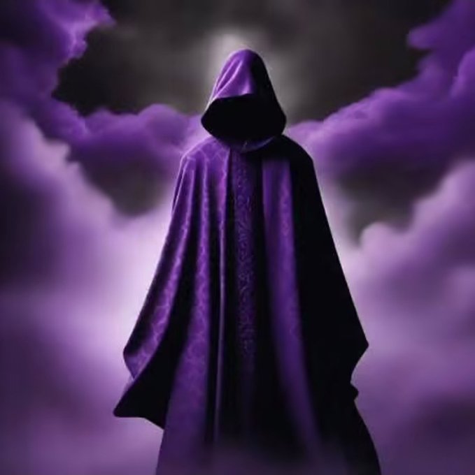 A mysterious hooded figure draped in purple robes stands amid swirling purple clouds, with its face completely obscured in shadow. The anonymous, faceless figure symbolizes the post's theme of decentralization—the absence of a central authority or identifiable leader as the mainnet matures and power is delegated away from the Core Team to the broader developer community.