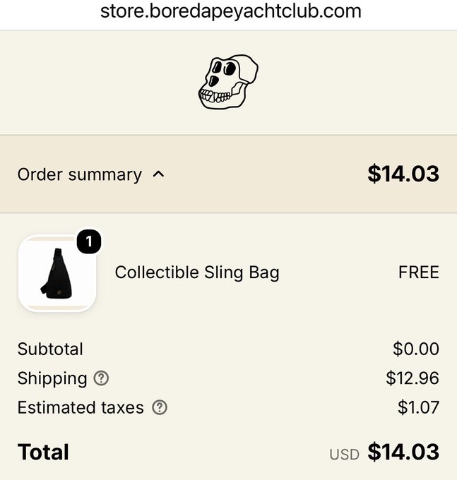 An order summary from store.boredapeyachtclub.com showing a free Collectible Sling Bag with a total of $14.03 USD due to shipping and taxes.