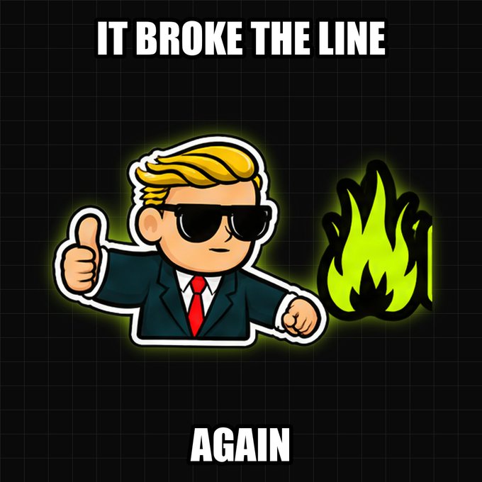 A cartoon illustration of a blonde man in a suit and sunglasses giving a thumbs up next to green flames, with text reading 'IT BROKE THE LINE AGAIN'.