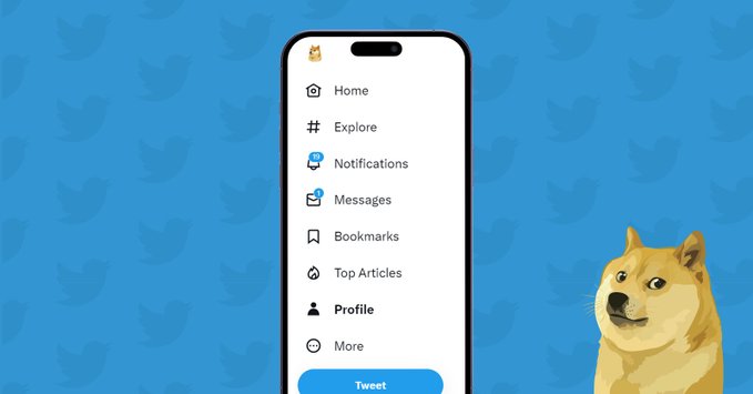 A smartphone displays the Twitter/X app menu with options including Home, Explore, Notifications, Messages, Bookmarks, Top Articles, Profile, and More, set against a blue background featuring faint bird logos and a Dogecoin Shiba Inu dog peeking from the right side. The image ties to the post by visually representing Elon Musk's replacement of the Twitter logo with the Dogecoin Shiba Inu, with the dog icon symbolizing that infamous branding change.