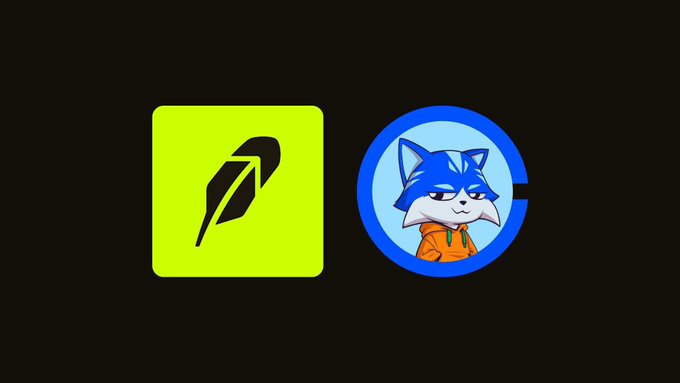 Two logos displayed side by side on a black background: a yellow-green square with a black feather/rocket icon, and a blue circular token featuring an anthropomorphic fox character wearing an orange hoodie.