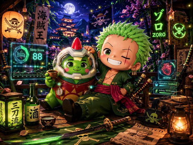 The image features two characters, one of them being a small green alien wearing a hat with a red stripe, and the other being a cartoon character dressed as a knight holding a sword. The scene takes place in front of a castle or a temple, which is surrounded by trees and buildings. There are also several bottles scattered around the area, possibly containing drinks for the characters to enjoy during their adventure.

The post seems to be promoting an AI-powered wellness ecosystem that focuses on user-owned health data. The main character, Sleepagotchi, is a sleep improvement app designed by a team of developers who are working on improving users' sleeping habits and overall well-being. The knight character represents the idea of using technology for personal growth and self-improvement.