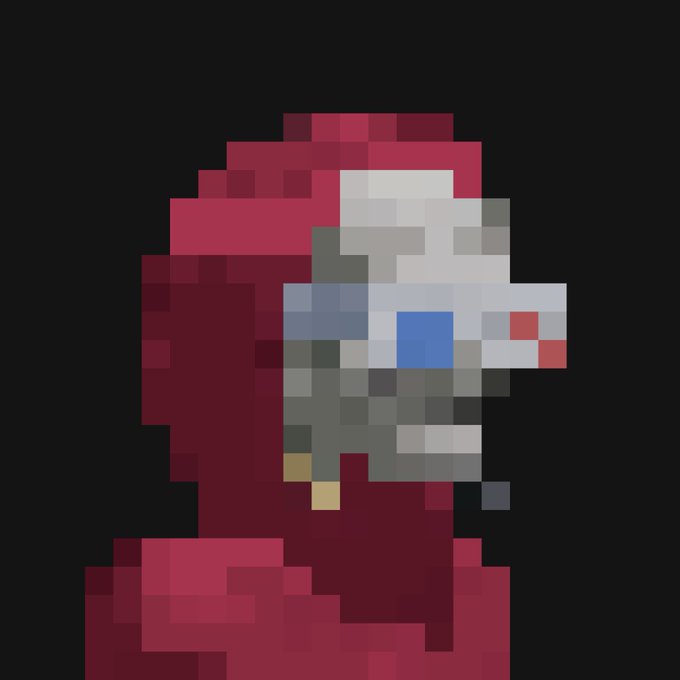 Low-resolution pixel art portrait of a gray-skinned character with blue eyes and a red hood against a black background.