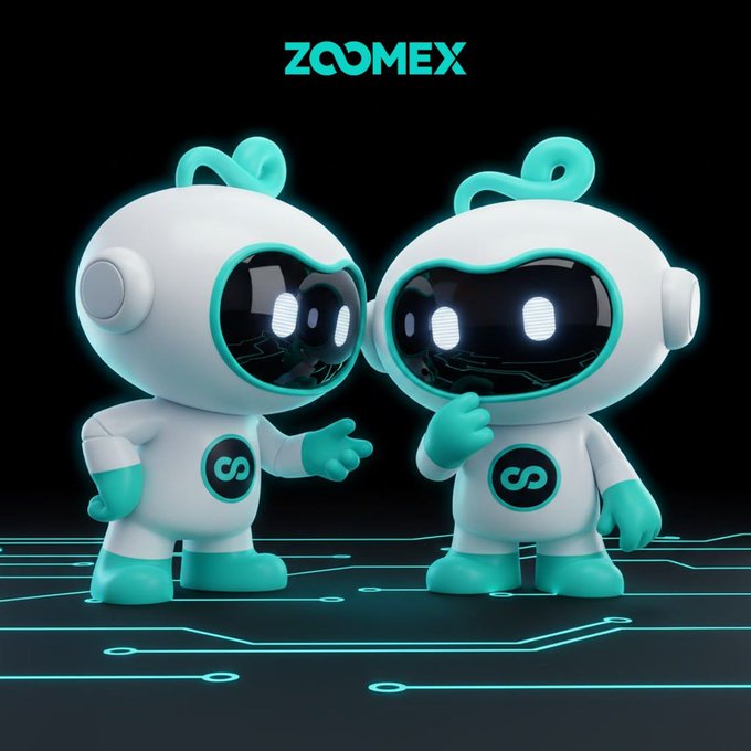 Two cute white and teal astronaut-like mascot characters stand on a glowing circuit board design beneath the "ZOOMEX" logo, fittingly embodying the secretive "gm" (good morning) greeting shared only between crypto insiders.