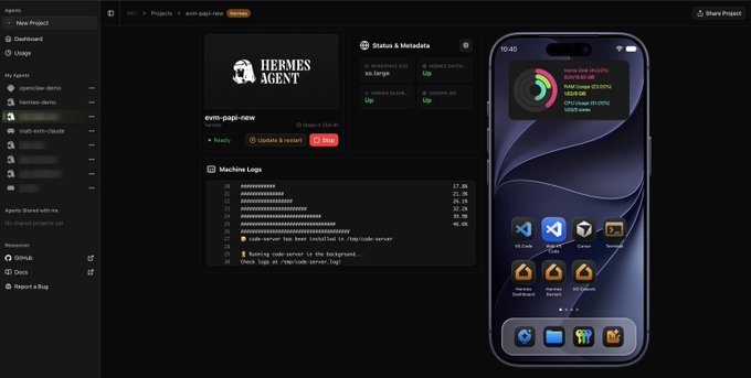 Dashboard interface for a 'Hermes Agent' project showing Status & Metadata (RAM, CPU, Disk, Server status), Machine Logs, and a preview of a mobile app interface on an iPhone.
