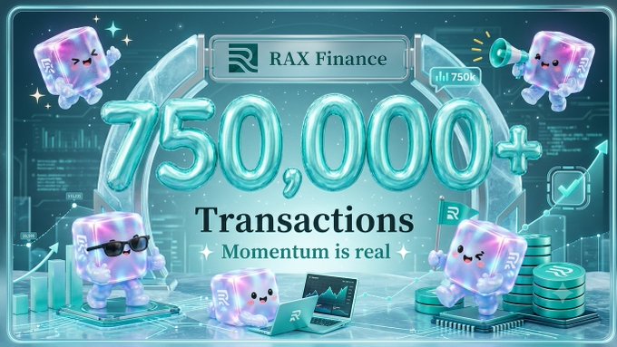 A celebratory graphic features the RAX Finance logo above large teal balloon-style "750,000+" text, accompanied by cute purple mascot characters, coins, and analytics screens, with the tagline "Transactions ✦ Momentum is real ✦" tying into the post's celebration of surpassing 750,000 on-chain transactions on BNB Smart Chain as a sign of growing ecosystem adoption.
