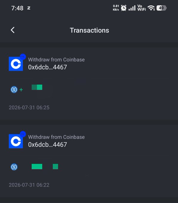 A mobile app transactions screen showing two 'Withdraw from Coinbase' entries on 2026-07-31 at 06:25 and 06:22 to address 0x6dcb...4467, with amounts redacted in green.