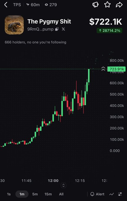 A cryptocurrency trading chart showing 'The Pygmy Shit' meme coin (token: 9RmQ...pump) with a market cap of $722.1K, up 28714.2% with 666 holders, displaying a sharp upward green candlestick trend.