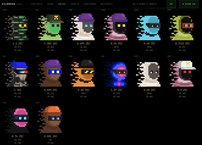 A screenshot of the Zilkroad beta NFT marketplace shows various pixelated trait images for sale with prices ranging from 0.65 ZEC to 1.585 ZEC, supporting the post's claim of a "fire sale" on the platform built for ZK-snarks. The listings display significant discounts on these digital collectibles, with bid/ask prices visible beneath each pixel art avatar.