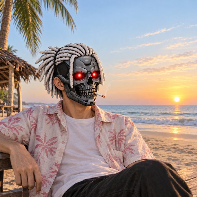 A person wearing dreadlocks and a futuristic skull mask with glowing red eyes smokes a cigarette while sitting on a tropical beach at sunset in a pink Hawaiian shirt.