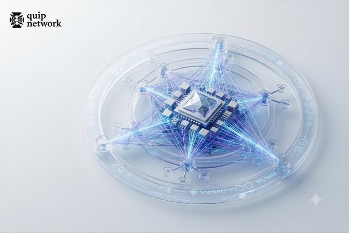 A 'quip network' promotional graphic showing a stylized 3D circuit board or network node design with a glowing diamond-shaped chip at the center.