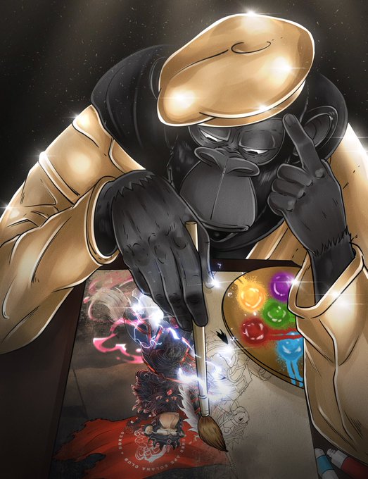 Digital art of a golden-armored monkey artist wearing a beret, holding a brush and colorful paint palette while creating a vibrant portrait.