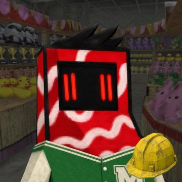 A blocky avatar with a red patterned face and green jersey stands in a virtual arcade wearing a yellow hard hat, evoking the "machine" referenced in the post about burning machines to mint 3,333 ARCades on ARC Chain.
