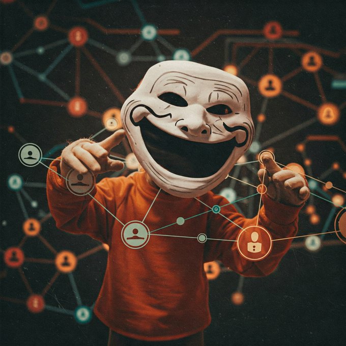 An image depicting a person wearing an Anonymous mask and an orange hoodie, manipulating a network of user icons connected by lines against a dark background.