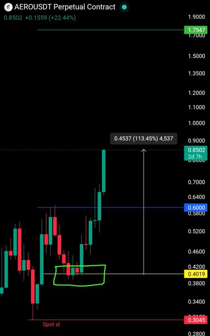 A candlestick chart of the AEROUSDT Perpetual Contract shows a +22.44% gain at 0.8502, highlighting a 113.45% surge from a yellow support line near 0.4019—where the trader waited patiently through the consolidation zone marked in green, validating their setup before the breakout.