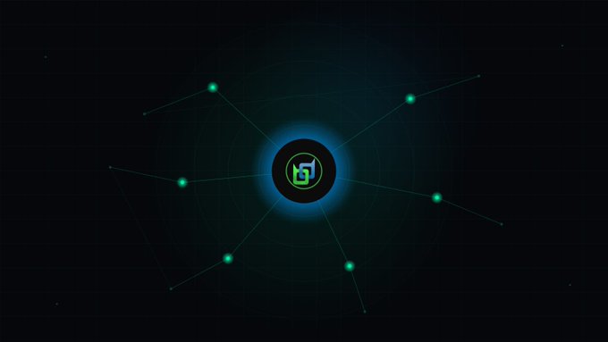 A dark graphic featuring a central circular logo with interconnected green nodes radiating outward on a black background.