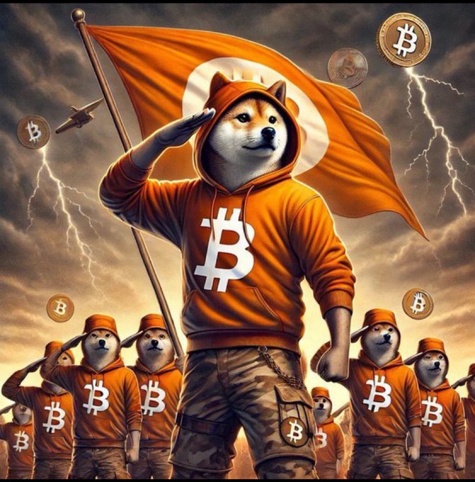 A digital illustration depicting Shiba Inu dogs dressed in orange Bitcoin-themed hoodies, with one central dog holding a Bitcoin flag and saluting, surrounded by other dogs in a stormy setting with lightning and Bitcoin logos.
