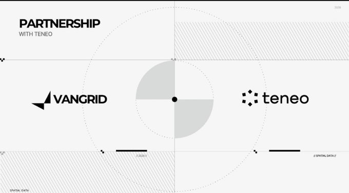 A partnership announcement graphic showing logos for 'VANGRID' and 'teneo' with a geometric circle design in the center.