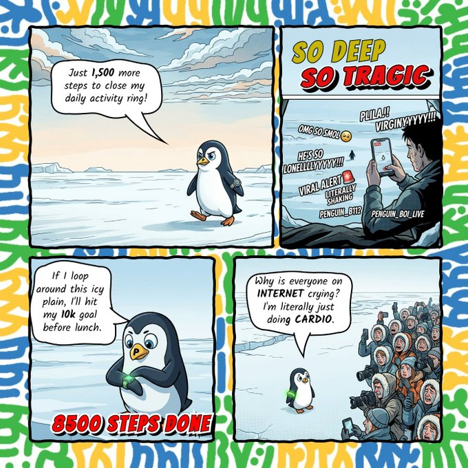 A four-panel comic featuring a penguin determined to close his daily activity ring, with text including '8500 STEPS DONE', 'SO DEEP SO TRAGIC', and a viral alert from @PENGUIN_BOI_LIVE.