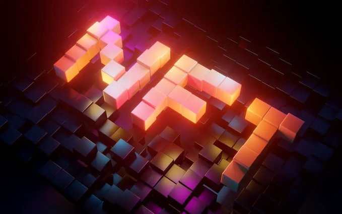 A 3D digital artwork of the letters 'MEV' constructed from glowing orange and pink cubes rising above a dark blue textured grid surface.