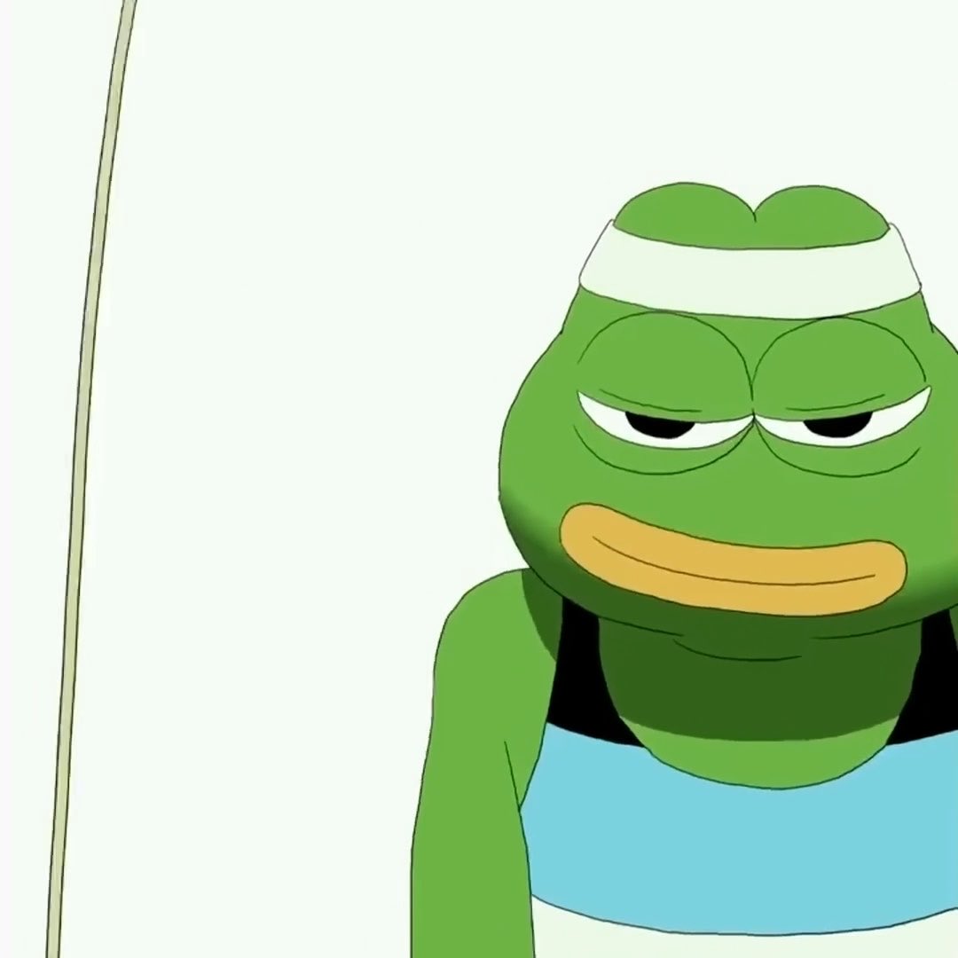 Cartoon illustration of a tired-looking green frog character wearing a white sweatband and a blue tank top, a popular meme image used to express fatigue.