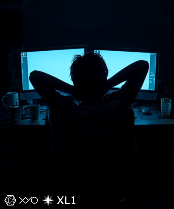 A silhouetted person sitting with arms behind their head in front of two illuminated computer monitors in a dark room, with XO and XL1 branding.