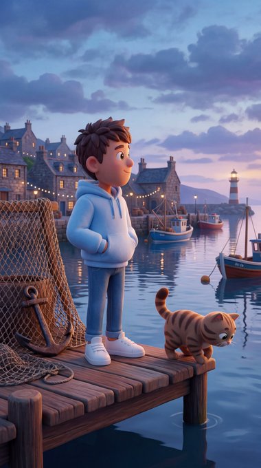 The image features a cartoon boy standing on a dock with his cat by his side. The scene takes place at sunset over a harbor filled with boats, creating a serene atmosphere. The caption of the image includes details about the time of day, the location (the harbor), and the artist who created it.