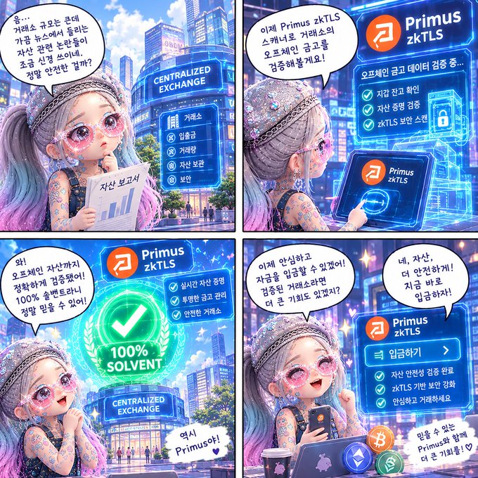 A colorful four-panel Korean promotional comic for “Primus zkTLS” shows a stylized woman promoting a centralized exchange and displaying text such as “100% SOLVENT.”