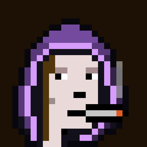 A pixel art illustration of a pale-skinned character with purple hair smoking a cigarette.
