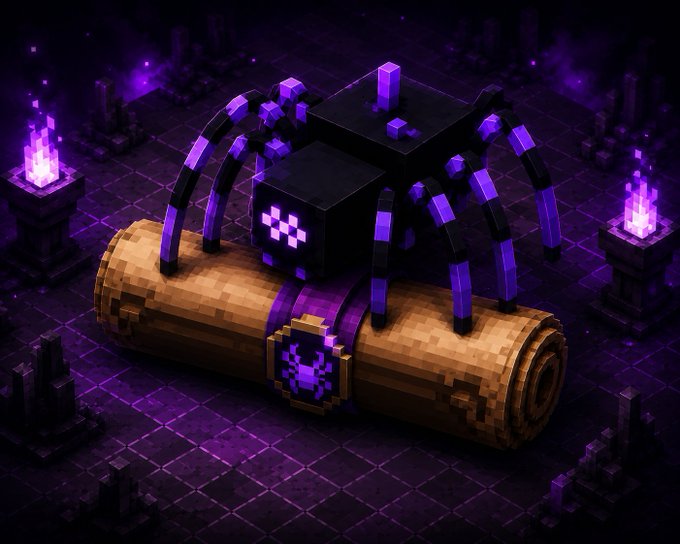 A digital illustration shows a Minecraft-style spider with purple and black coloring sitting atop a wooden log in a dark, purple-hued dungeon environment.