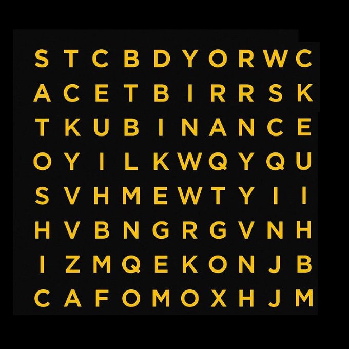 The image displays a word search puzzle with yellow letters on a black background, featuring web3-related terminology scattered within the grid to challenge viewers to spot familiar terms like "BINANCE," "METAWORLD," and "QUANTUM."
