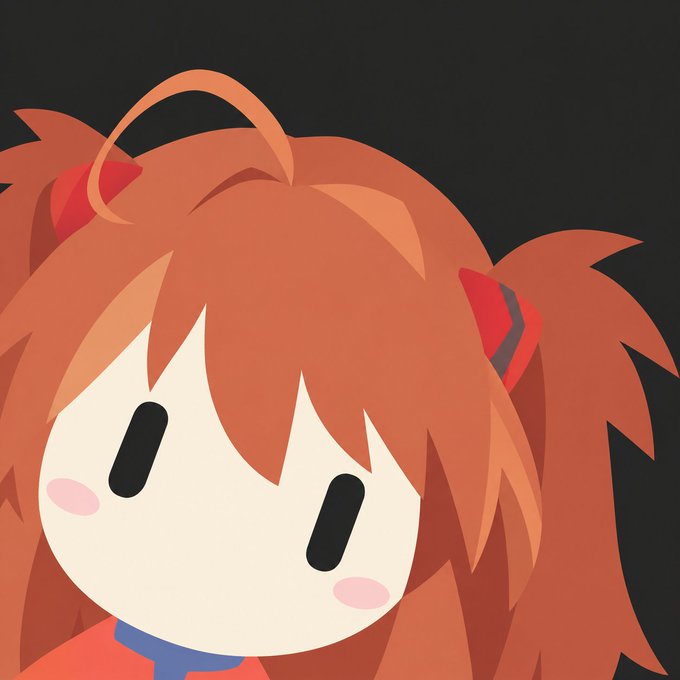 The image shows a stylized chibi-style portrait of Asuka Langley Soryu from Neon Genesis Evangelion with her signature orange hair, red hair clips, and a flat expression, edited in a minimalist "ji" (thing) meme format. The post's pun "Gmeow" replaces "Gendo" (referring to Gendo Ikari, Asuka's guardian) with a cat-related term, tying into the joke of replacing Evangelion characters with cat-like versions.
