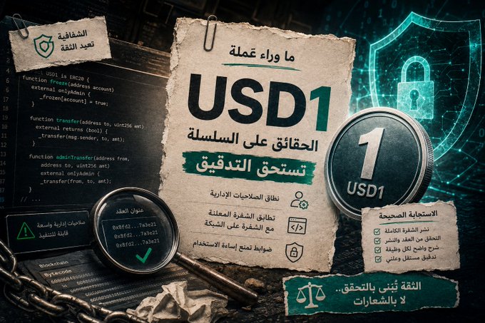 The image shows an infographic about "USD1" cryptocurrency with Arabic text highlighting administrative authority on the chain, smart contract vulnerabilities, governance-related concerns, and lack of transparency as key issues.

The graphic visually supports the post's discussion by illustrating the administrative authority and smart contract control aspects of USD1, showing a magnifying glass examining code and contract addresses (0x742...7Ab21), which reinforces the call for independent verification of the token's governance permissions and security transparency.