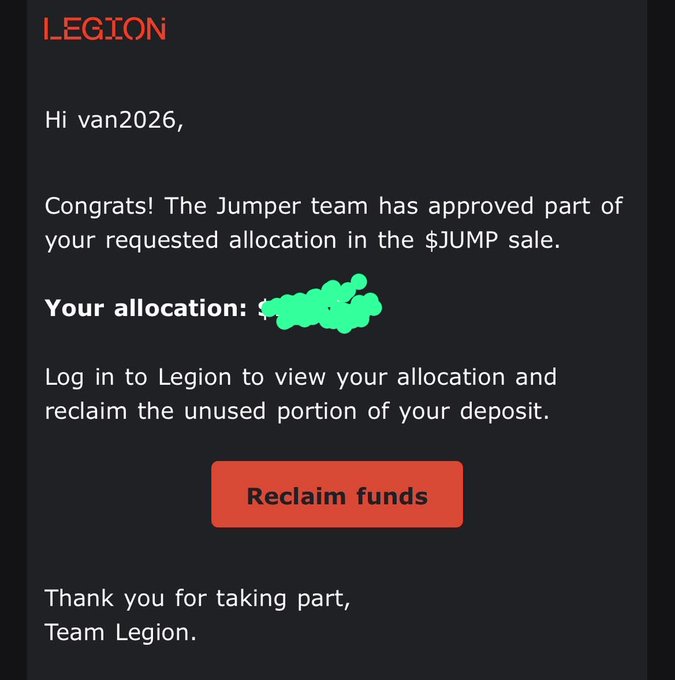 A screenshot of a notification email from LEGION addressed to 'van2026' congratulating them on an approved allocation in the $JUMP sale, with the allocation amount redacted and a 'Reclaim funds' button.