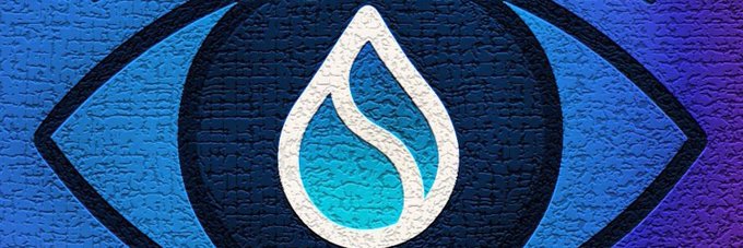 A close-up of a textured blue brick wall mural featuring the Sui Network logo—a stylized water droplet—painted in white and light blue within a black eye-shaped design.