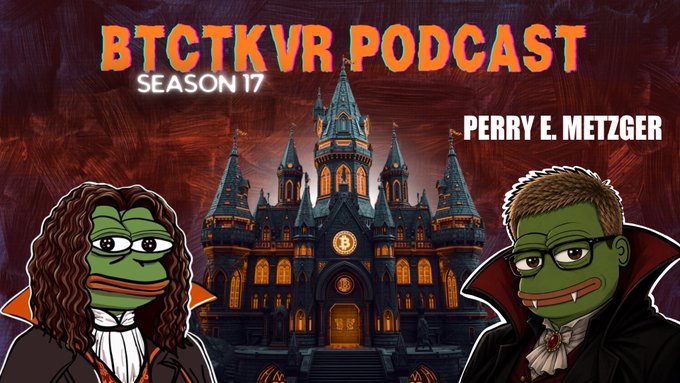 Promotional graphic for the BTCTKVR Podcast Season 17 featuring Perry E. Metzger, with cartoon Frankenstein-style hosts flanking a gothic Bitcoin castle, promoting his interview about being the founder of the Metzdowd cryptography mailing list where Satoshi Nakamoto published the Bitcoin whitepaper in October 2008.