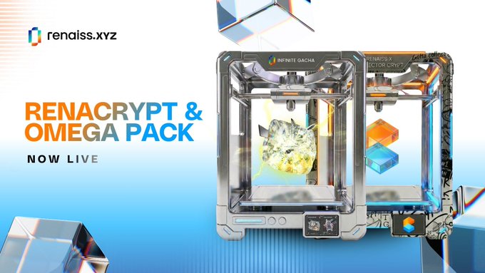 A promotional graphic for 'rendiss.xyz' advertising the 'RENACRYPT & OMEGA PACK NOW LIVE' featuring 3D-rendered gacha machine capsules.