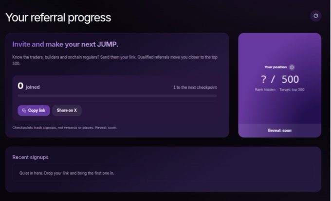 A dark-themed 'Your referral progress' dashboard showing 0 joined referrals with options to copy link and share on X, displaying a position of ? / 500 toward a target of top 500.