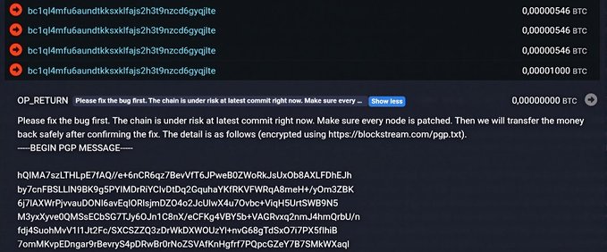 A screenshot showing cryptocurrency transactions and an 'OP_RETURN' message requesting users to fix a bug, with PGP message text below.