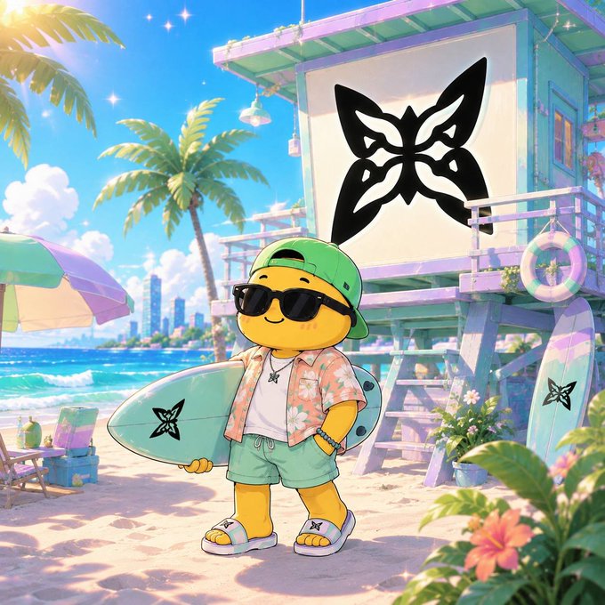 An anime-style illustration of a yellow character wearing sunglasses, a green cap, and a floral shirt holding a surfboard on a tropical beach with a butterfly logo on a building in the background.