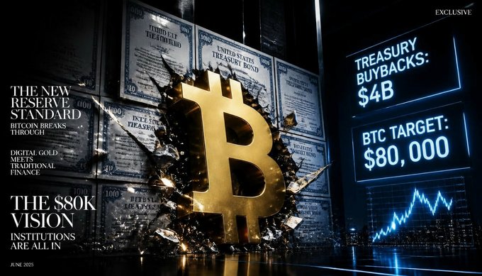 A digital graphic features a golden Bitcoin symbol bursting through U.S. Treasury bonds, with text highlighting "THE $80K VISION," "TREASURY BUYBACKS: $4B," and "BTC TARGET: $80,000."