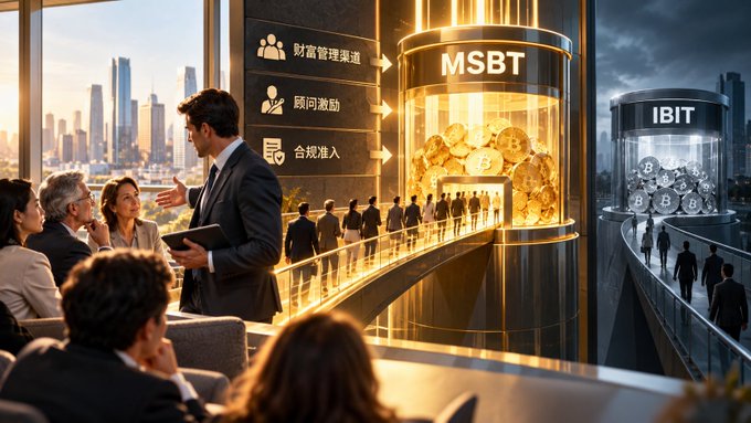 A stylized promotional graphic showing businessmen observing crowds of people crossing a golden bridge toward large transparent cylindrical vaults labeled "MSBT" filled with Bitcoin coins, contrasted with a darker "IBIT" vault on the right.