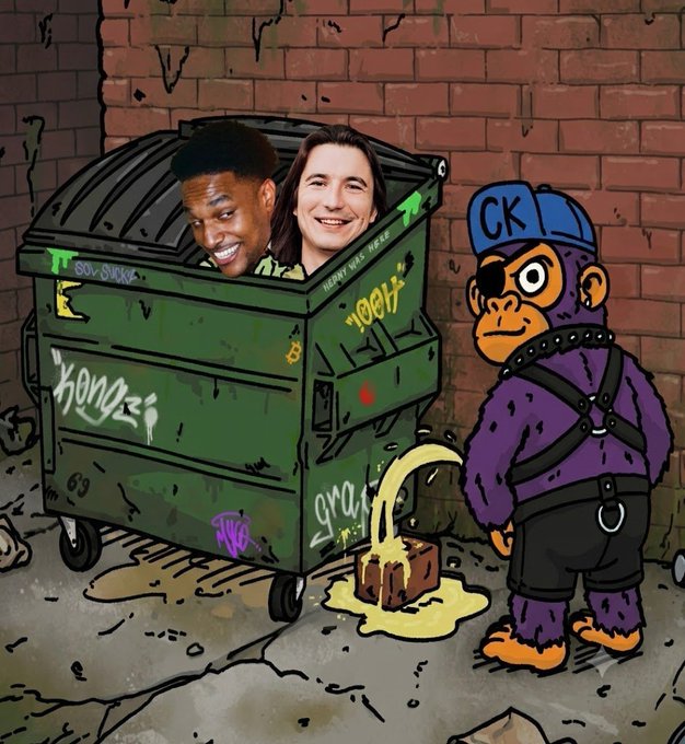 A cartoon-style illustration showing two men peeking out of a green graffiti-covered dumpster labeled 'KONGZ' and 'GREG', while a purple gorilla character wearing a 'CK' cap stands beside it.