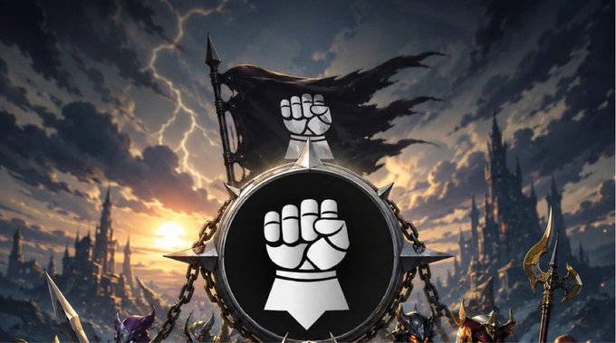 A fantasy artwork depicting a raised fist emblem on a circular medallion with chains, set against a stormy sky with a tattered black flag and castle silhouettes in the background.