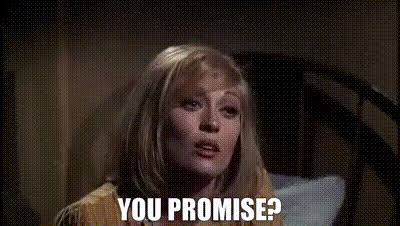 A blonde woman with a surprised expression says "YOU PROMISE?" in bold white caption text, fitting the post's depiction of empty promises from a partner exploiting her trust and resources.