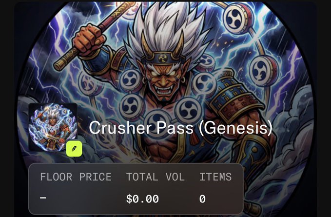 A digital collectible card titled 'Crusher Pass (Genesis)' depicting an anime-style warrior with white hair and horns, showing a floor price of '-', total volume of '$0.00', and 0 items.