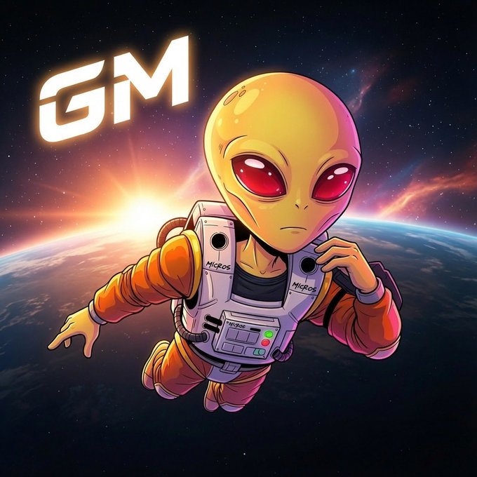 An anime-style illustration of a yellow alien astronaut in an orange suit floating in space with Earth in the background, with 'GM' (Good Morning) text in the upper left.