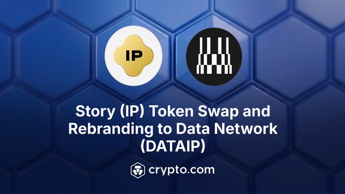 A Crypto.com announcement graphic featuring the IP token logo and a bar graph icon, announcing the completed Story (IP) token swap and rebrand to Data Network (DATAIP), with text confirming the 1:1 reissuance as $DATAIP now available for trading.