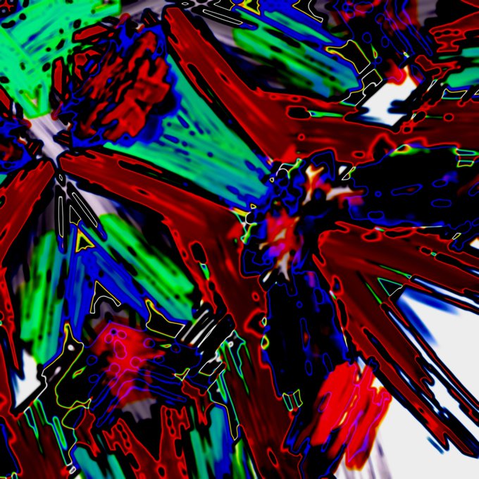 An abstract digital artwork with bold red, green, and blue fragmented brushstrokes and black outlines creating chaotic textured composition.